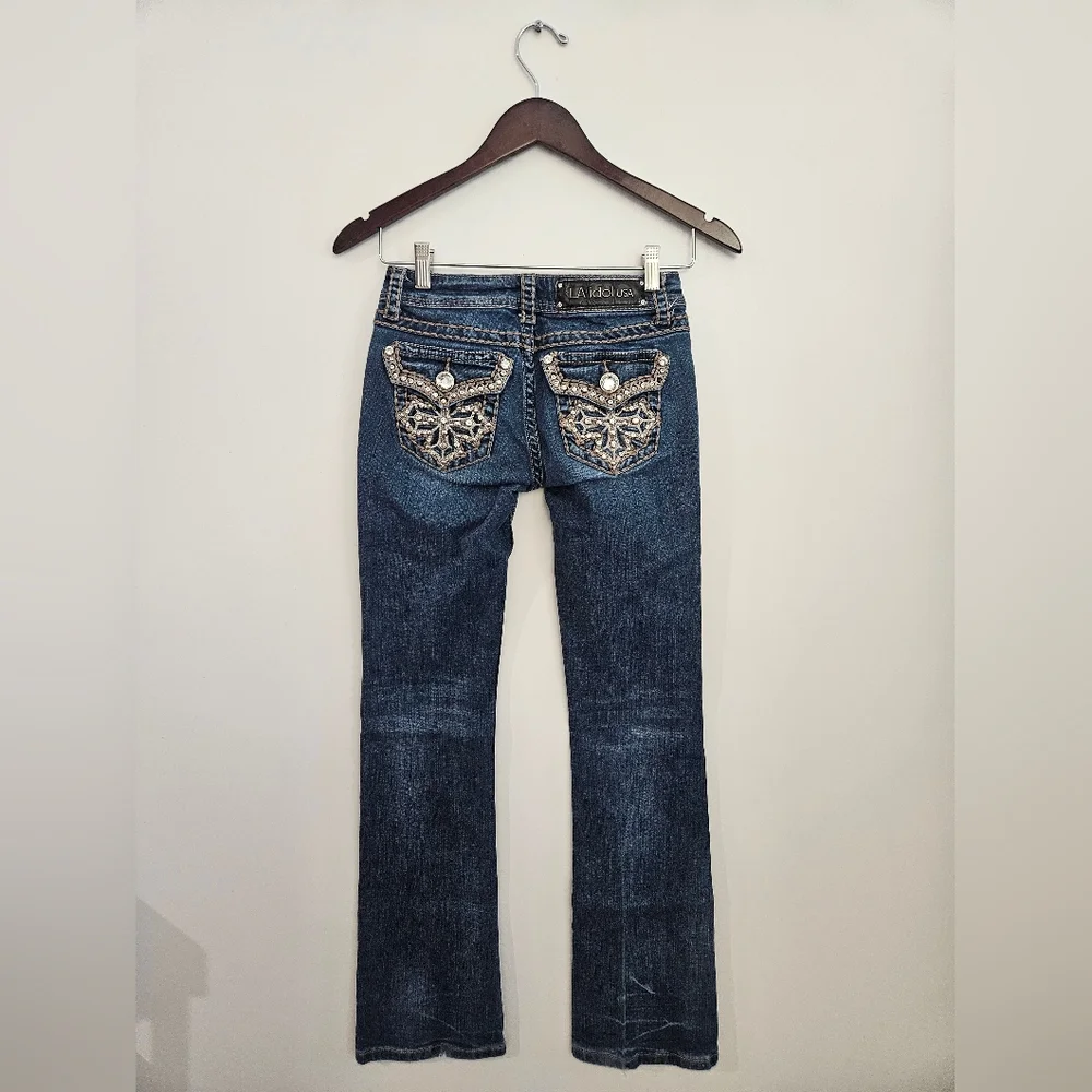 LA Idol USA‎ Rhinestone Cross Flap Pocket Jeans 1/27x34 Tall Y2K Western Bling
